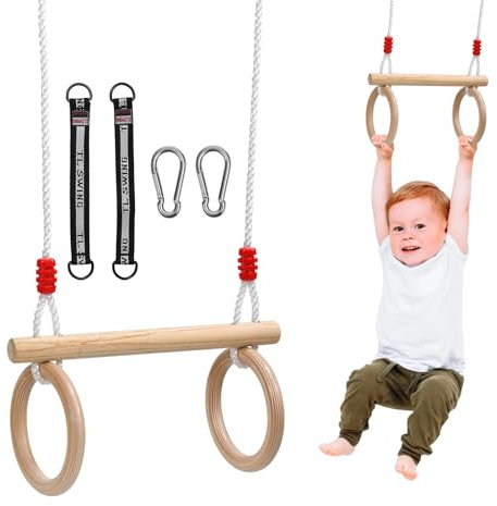 Trapez Schaukel Garten,Turnringe aus Holz,Turngeräte für drinnen und draußen für Kinder,Ringschaukel,Turnschaukel aus Holz,Maximale Tragkraft 100 kg（Verstellbare Seillänge）
