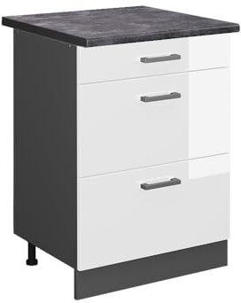Vicco Küchenunterschrank R-Line, Weiß Hochglanz/Anthrazit, 60 cm mit Schubladen, AP Anthrazit