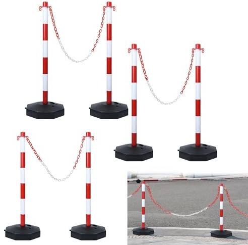 Suusolny 6 Stück Absperrpfosten inkl. 6 Kette von 1,4m Kettenpfosten 82x28x28 cm Sperrpfosten Kunststoff Absperrung Rot und Weiß Sperrpfosten mit Standfuß für Warnung auf Parkplatz