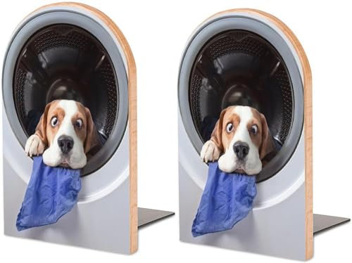 Buchstützen mit lustigem Hund nach dem Waschen, robuste Holz-Buchstützen für Regale, dekorativ, rutschfest, stabile Buchstopper für Zuhause, Büro, Bibliothek, Raum, Schreibtisch