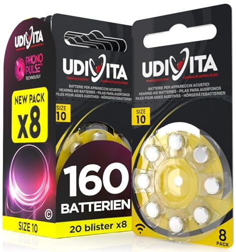 160 Batterien für Hörgeräte Udivita Größe 10 (Gelb) PR70 Zink-Luft mit Phono Pulse-Technologie - 20 Blister mit 8 Batterien