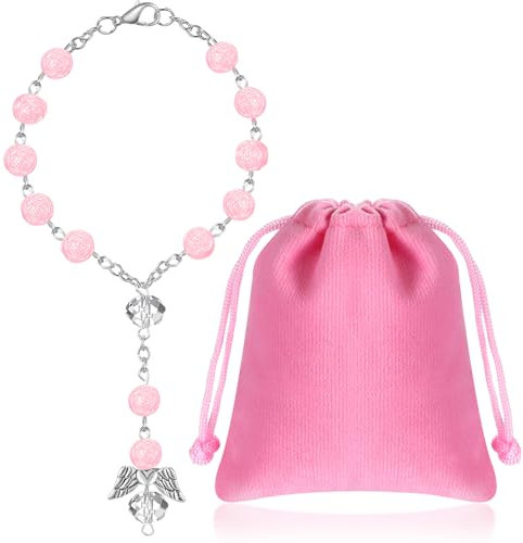 Otuuz Auto Rosenkranz zum Schutzengel Anhänger Geschenkbeutel aus Samt Weißer Rosenkranz Männer und Frauen Kurze Auto Rosenkranz Perlen Geschenkidee für Autofahrer Hängende Verzierung(Rosa)