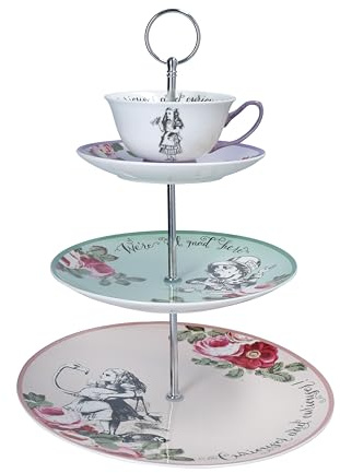 MIKASA V&A Présentoir à gâteaux à 3 étages avec tasse à thé, porcelaine anglaise Alice au pays des merveilles, passe au lave-vaisselle et coffret cadeau