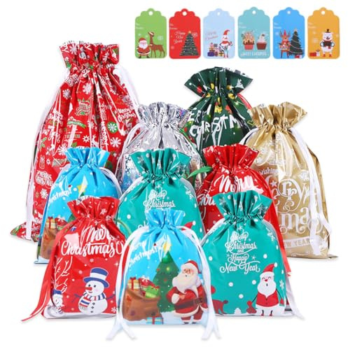 SUOXU 10 bolsas de regalo de con cordón, reutilizables, 5 tamaños, grandes, medianas, bolsas de regalo con etiquetas, bolsas de regalo para regalos de