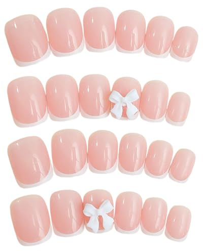 LOZTBUE 24 rosa Nagelsticker zum Aufdrücken, quadratische falsche Fingernägel, weiße French-Nail-Sticker, voll deckender Nagelkleber, feste, glänzende, nudefarbene, süße falsche Fingernägel