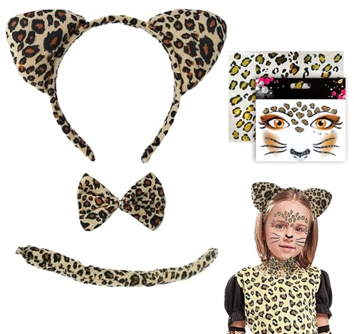TUONYIS 5-delat leopardkostymer, leopardöron, pannband, leopardansikte, klistermärke, leopardfluga, leopardfena, djurkostymset för barn, vuxna, karneval, cosplay, halloweenfest (brun)