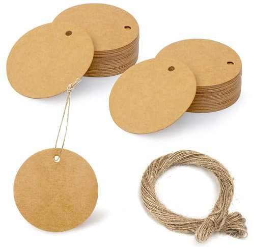 195pcs Etichette Regalo in Carta Kraft con Corda di Luta Naturale Lungo, 6CM Rotonda Etichette Cartoncino, Ideale per Etichette Regalo, Cartellini Prezzo e Fai Da Te