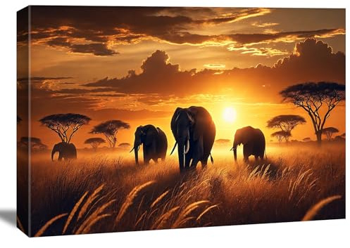 Visario Leinwandbild Elefanten 120x80 cm 5050 Afrika Savanne Sonnenuntergang - Kunstdruck auf Leinwand fertig aufgespannt auf Holzrahmen - Safari Wandbild Tiere Natur Wanddeko Wohnzimmer Büro Deko