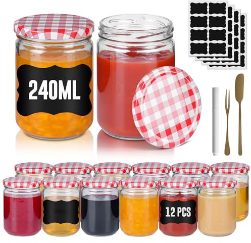 SUBTLETY Set di 12 barattoli rotondi per marmellata, con coperchio in metallo, 240 ml, ermetici, trasparenti, per miele, spezie, marmellata, colore: rosso e bianco