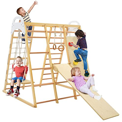 HOMASIS Klettergerüst Indoor, Kletterdreieck mit Rutsche Schaukel Leiter Turnringe Kletternetz Kletterfelsen & Pull Up Bar, Baby Spielplatz, Kinder Klettern aus Holz ab 3 Jahren (Natur)