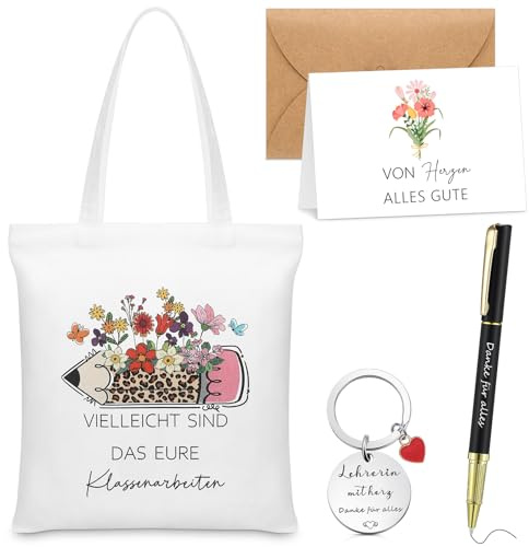Xuniea Dankeschön Geschenke für Lehrerin Lehrer Stofftasche Lehrerin mit Herz Schlüsselanhänger Danke für Alles Kugelschreiber Grußkarte mit Umschlag Lehrer Geschenk für Erzieherin Abschiedsgeschenke