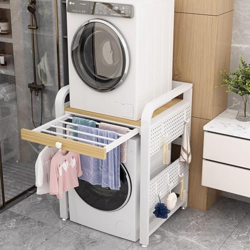 Lavatrice Scaffale Tamburo Lavastoviglie Ripiano Di Stoccaggio, Scaffale Per Incolonnamento Lavatrice E Asciugatrice, Kit For Impilare L'asciugatrice Con Piedini Regolabili Per Bagno, Balcone(Beige+wh
