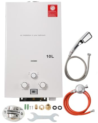 TABODD Chauffe-eau portable au gaz 10 l 20 kW avec régulateur de pression de gaz, propane, douche de camping pour douche en extérieur, douche, salle de bain, eau chaude, camping, douche, chauffe-eau