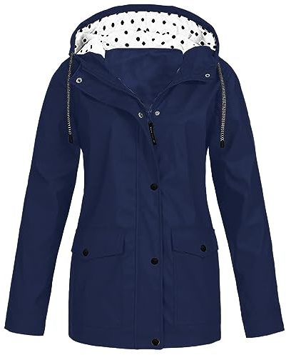 RLEHJN Veste À Capuche Protection Solaire Pour Femmes Ciré Imperméable Femme Coupe Ajustée Avec Intérieur Pois Manteau Imperméable Femme Avec Poches Coupe-Vent Couleur Unie Vestes Extérieur