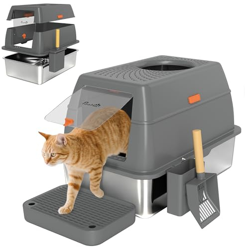 PawHut Bac à litière fermé XL en Acier Inoxydable, Maison de Toilette pour Grand Chat, Nettoyage Facile avec Couvercle, Marche Anti-Dispersion, Pelle et Double entrée, 60 x 40 x 38 cm, Gris foncé | Maison de Toilette pour Grand Chat, Nettoyage Facile avec Couvercle, Marche Anti-Dispersion, Pelle, Double Entrée