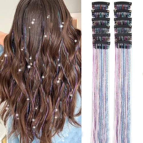 12 Piezas Hebras Pelo De Oropel con Clip, Oropel de Hebras de Cabello con Purpurina, Brillante Extensiones de Cabello, Accesorios para el Pelo para Navidad, Halloween, Fiesta(Multicolor)