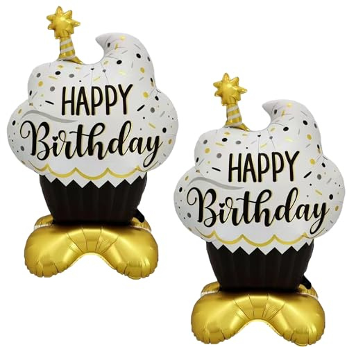 2er Set Schwarz Gold Luftballons Geburtstag mit trendigem Happy Birthday Ballon, edler Folienballon für Kuchenmotive, perfekter Geburtstagsballon für Party und Feier