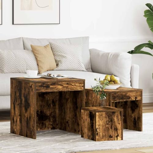 HETFTJN Satztische Räuchereiche 3er Set aus Holzwerkstoff 45 cm Beistelltisch platzsparend stapelbar Modernes Design für Wohnzimmer Schlafzimmer Balkon und Garten