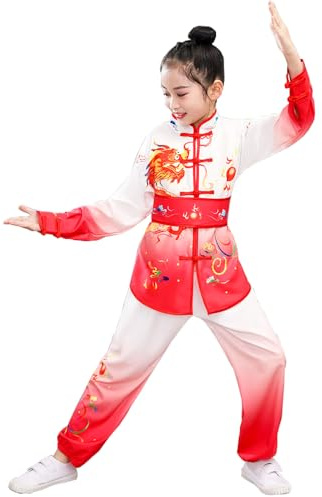 KKmeter Kung Fu Uniform for Kids Boys Girls Traditional Chinese Tai Chi Master Martial Arts Performances Costume Tang Outfit (Red, 8-10)
