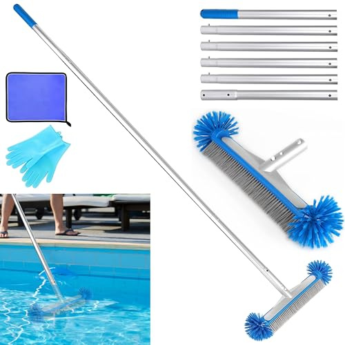 Poolbürste mit 210cm Aluminium Demontage Stange Handschuhe Reinigungstuch | 43cm Poolbesen mit Halbkugelförmigen Borsten Gartenpool Reinigungsbürste für Pool Reinigung, EZ Clip Aluminiumgriff