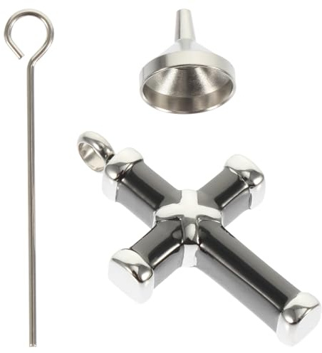 Yardwe Pendentif Urne Funéraire en Acier Inoxydable Croix, Collier Mémorial 3 Pièces Mini Entonnoir Amovible pour Cendres D’Animaux, Bijou Portable pour Souvenir Animaux, Kit Cendres