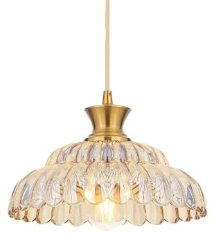 ZTTECH Lámpara Colgante de Cristal Vintage 25cm Altura Ajustable E27 Lámpara de Techo Industrial Retro para Cocina Comedor Dormitorio Salón Cafetería Restaurante (Oro + Ámbar)