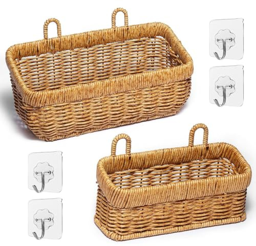 2 stycken förvaringskorgar flätade, tillverkade av rotting vägghylla rotting, fruktkorg, hängande korgar för kök, väggkorgar boho för kök vardagsrum badrum förvaring