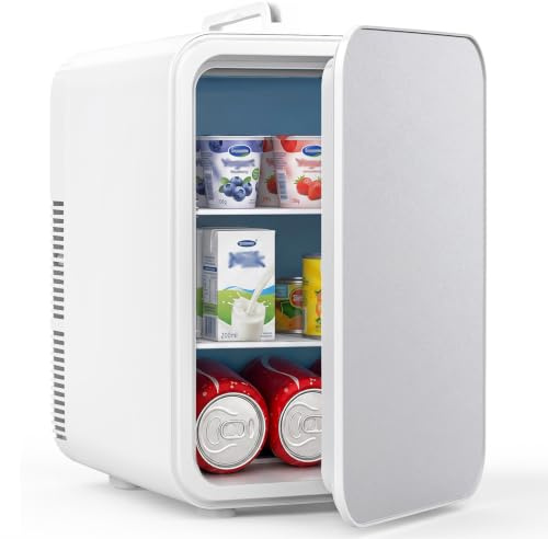 MoraRise 14L Mini Fridge, 18 Cans Portable Cooler & Warmer Small Fridge | for Bedrooms, AC/DC Powered, Adjustable Shelves, Home Car Office Dorm Travel Cosmetics Skincare Makeup (White/Silver)