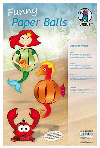 Ursus 23300099 - Funny Paper Balls Magic Mermaid, Material für 6 Funny Paper Balls, Durchmesser ca. 7 8 cm, 30 Papierstreifen mit Zubehör, vorgelocht, inklusive Bastelanleitung, für Kinder