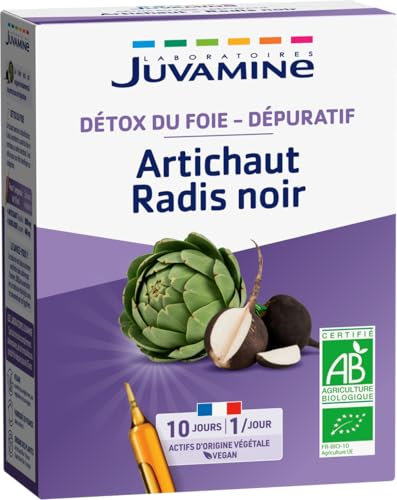 JUVAMINE - Artichaut Radis Noir - Detox du foie - Dépuratif – Bien-être du foie - Détoxification - Confort Intestinal - 10 ampoules x 10 ml - Programme 10 jours- Certifié BIO - Fabriqué en France