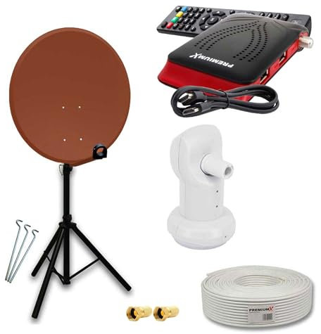 PremiumX Mobile Satelliten-Komplettanlage 80cm Satellitenschüssel Aluminium Rot SAT LNB Dreibein-Stativ TV Kabel Satelliten-Receiver