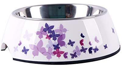 Dehner Hunde- und Katzennapf, Ø 14 cm, Höhe 5 cm, 160 ml, Melamin/Edelstahl/Gummi, weiß/lila