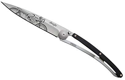 Deejo - Couteau de Poche Pliant 37g - Manche en Ébène, Lame en Acier Inoxydable 8,4 cm - Motif Café Racer - Couteau de Table, Randonnée, Camping, Bivouac