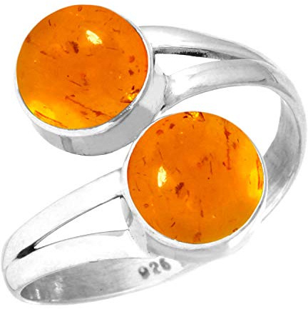 Jeweloporium Anello in argento con ambra arancione, misura 14, anello in argento sterling 925 per donna, gioielli fatti a mano con pietra rotonda