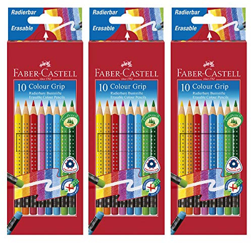 Faber-Castell Colour Grip Set: 3x Radierbare Buntstifte in 10 Farben