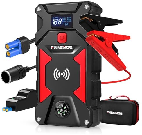 FNNEMGE - Ayuda de arranque Powerbank 2500 A 24800 mAh (todas las gasolina y diesel hasta 8,0 l) - Booster de actualización de batería de coche, con batería de carga inalámbrica de 10 W y cable