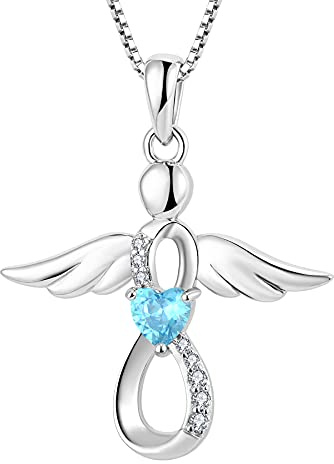 FJ Schutzengel Halskette Anhänger 925 Sterling Silber Infinity Unendlichkeit Kette mit Zirkonia Geburtsstein Engel Schmuck Geschenke für Frauen Mädchen