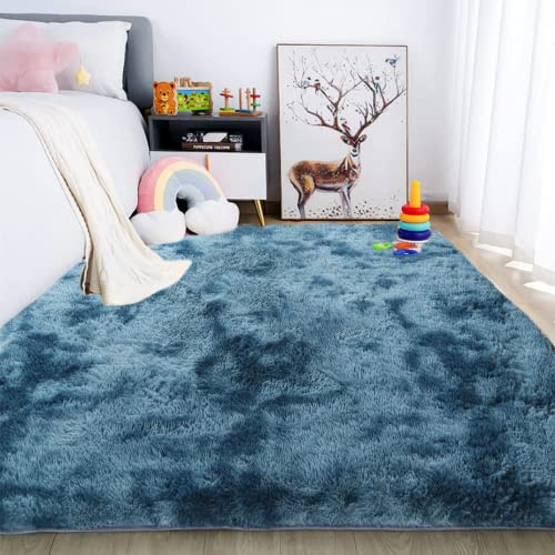 LYKEJI Tapis, Tapis de Chambre, Moelleux à Poils Longs, antidérapants d’intérieur Extra Doux et Confortables pour Salon, Chambre à Coucher, Filles, garçons (Bleu, 80x120cm)