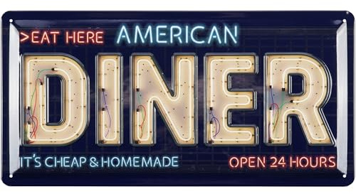 LANOLU Blechschilder retro - American DINER Deko in Neon Sign Leuchtreklame Optik - Geschenkidee USA Dekoration - vintage Metallschild mit Spruch - amerikanische Deko Küche, 17x34cm