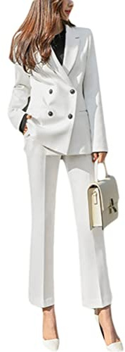 ORANDESIGNE Hosenanzug Damen Business 2 Teiler Business Outfit Set Elegant Langarm Blazer Anzugjacke und Anzughosen Zweiteilig Büro Slimfit Streetwear Formal Modern Festlicher L-Weiß S