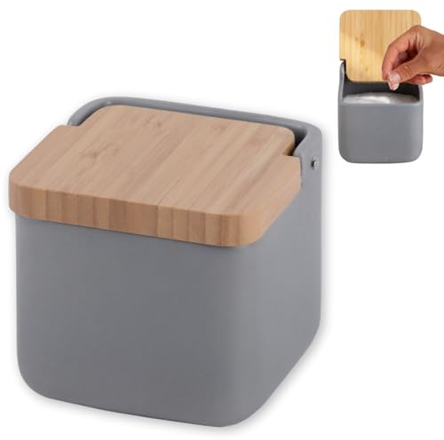 KOOK TIME Salero de Cocina de cerámica SQUARE | Tarro multiusos con tapa basculante de Bambú | Ideal para usar como Salero, azucarero o especiero | 11.5 x 11.5 x 11.5 cm. | Gris mate