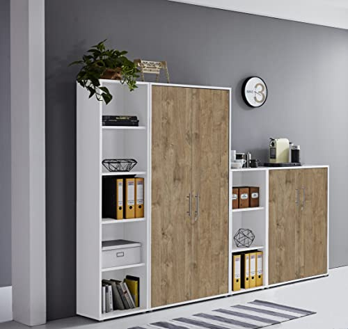 Aktenschrank TABOR 4 – Büroschrank abschließbar, Mehrzweckschrank für Büro, Ordnerschrank mit viel Stauraum, Korpus weiß Front Gold Harbor Oak