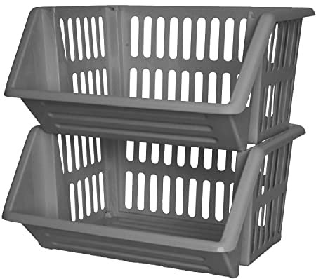 ZARVICZONIA Large Stacking Storage Baskets Veg Rack, Durable Plastic Stackers, Dimensions: 36 cm (L) x 30 cm (D) x 17.5 cm (H) (Grey, Pack of 2)
