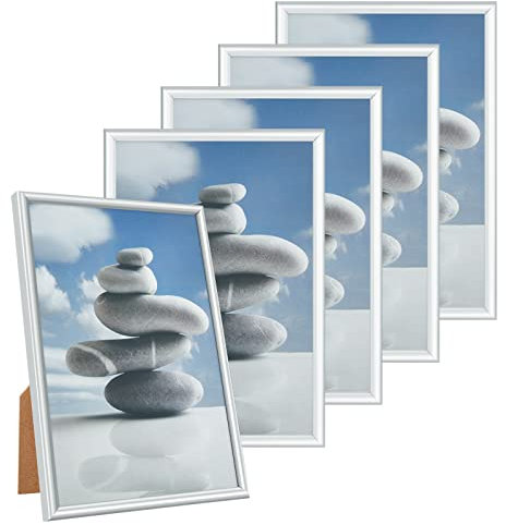 Alishomtll Bilderrahmen 5er Set, 13x18cm, Fotorahmen mit HD-Acrylglas Bilderrahmen zum Aufhängen/Aufstellen Fotogalerie Display Kunststoffrahmen Set für Mehrere Bilder Fotos, Silber