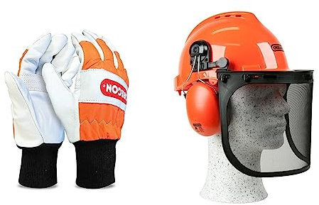 Oregon Chainsaw Gloves, Left-Hand Protection, PPE Clothing, Orange – Large (Size 10) (91305L) & Yukon Chainsaw Safety Helmet with Protective Ear Muff and Mesh Visor (562412), Black