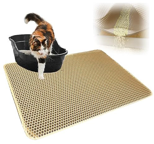 Matte Katzentoilette, 60 x 90cm/116 x 66cm Katzenmatte,Waben Doppelschicht Design Unterlage Katzenklo, Urin-und Wasserdichtes Material,Easy Clean Streukontrolle,26X46In-Beige