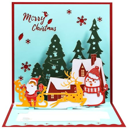 Magic Ants Pop-Up-Karte für Weihnachten, 3D-Grußkarte mit Schlitten, Rentier, Schneemann und mehr