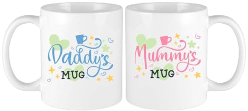 OM Print Hub Mummy and Daddy Coffee Mugs Gift Set, New Parents, Baby Shower, Mother's/Father’s Day Gift Christmas, Anniversary Day Presents, Mothers Fathers Cups Set 300ml/11oz (Design 3 - White)