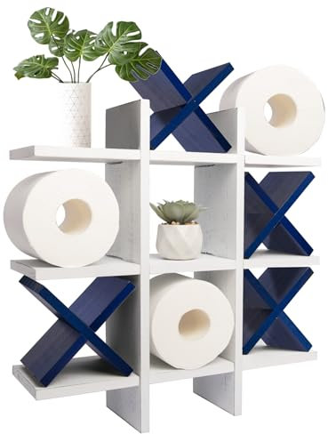 GENMOUS Handmade Tic Tac Toe Toilet Paper Holder Stand with 4pcs Wooden X, Funny Wall Mounted Toilet Papers Storage with Shelf, Farmhouse Toilet Paper Roll Storage for Guest Bathroom