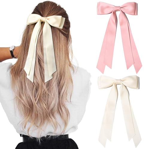 Kryzalite 2 Stück seidige Satin-Haarschleifen, Haarspange, rosa-cremefarben Haarband, Pferdeschwanzhalter, Metallklammern, Haarschleife für Damen